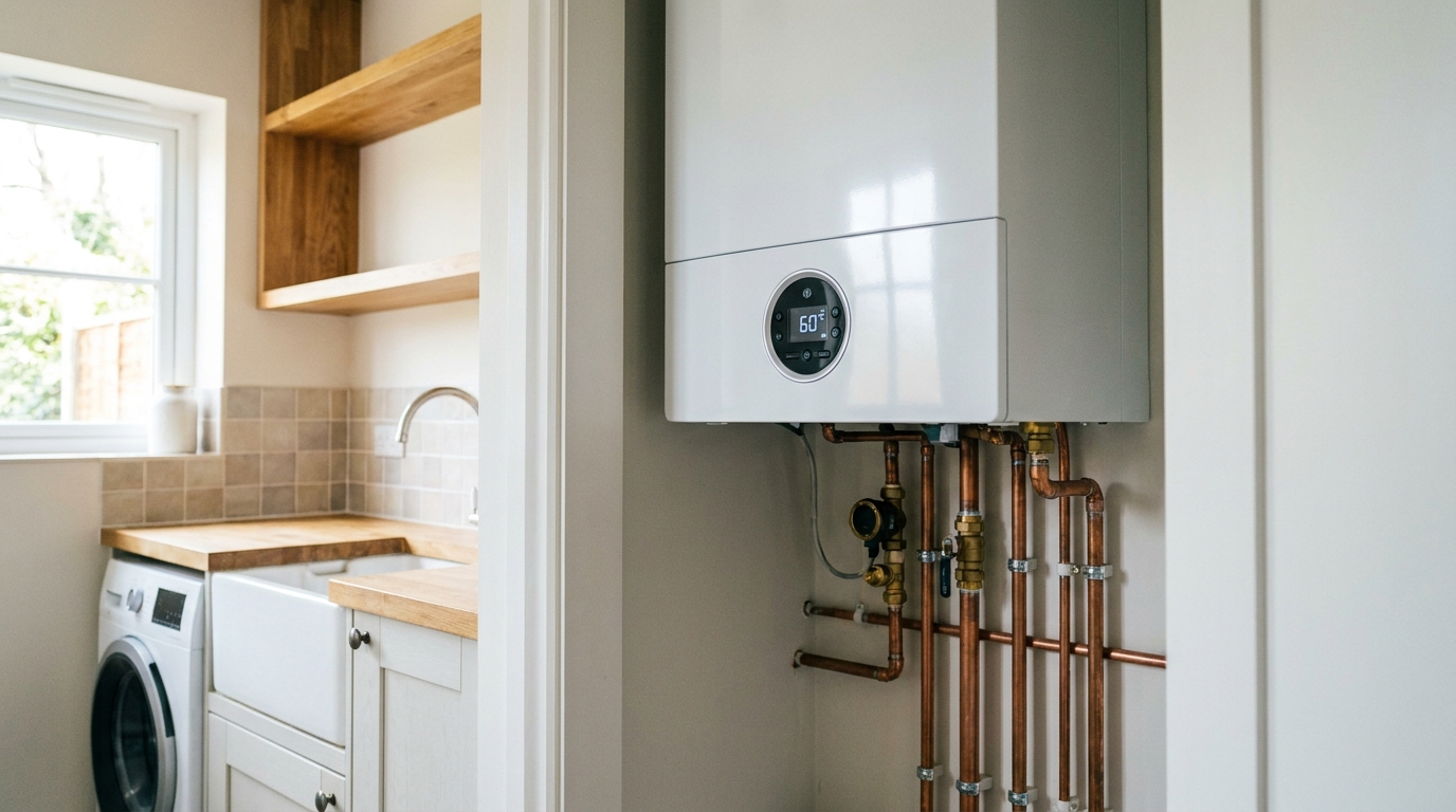 A heating engineer fitting a wet underfloor heating system in a UK home